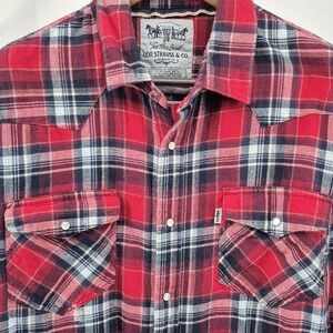 Levis‎ Flannel Shirt Mens Large Red Plaid Check Pearl Snap Western Gorpcore